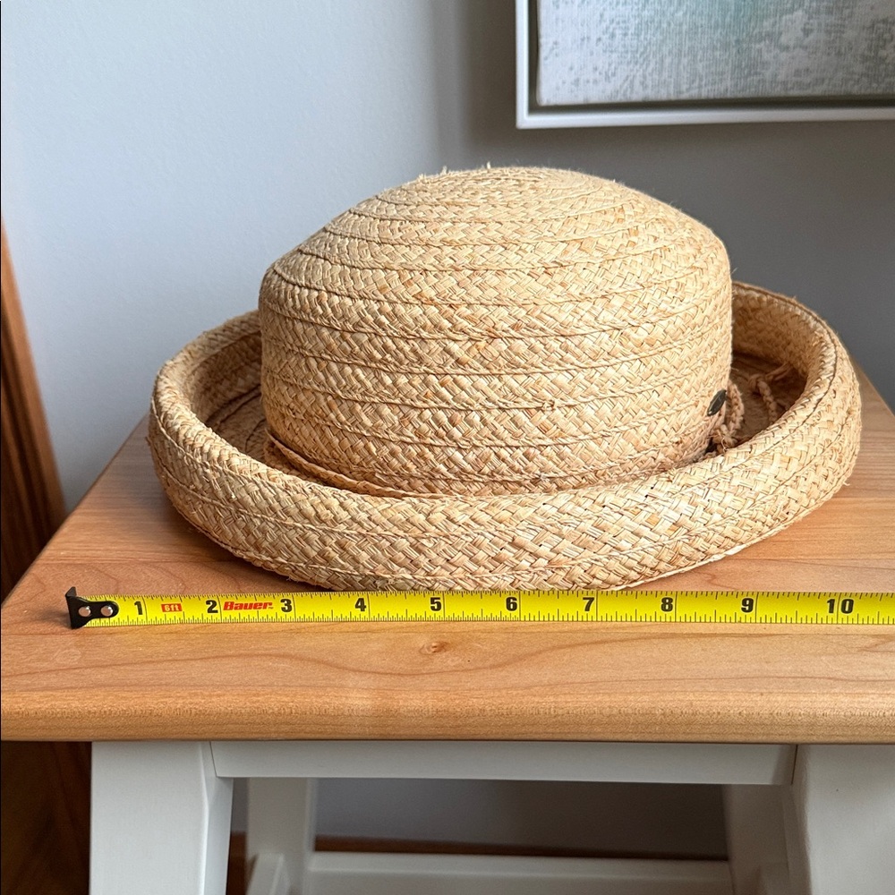 Vintage Liz Claiborne Straw Bowler Rolled Brim Hat Tan With Metal LC Brand Tag - Picture 7 of 17